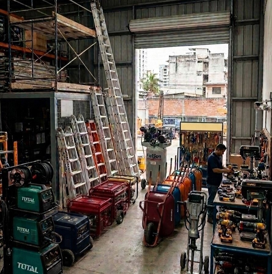 Alquiler de andamios, plantas eléctricas, escaleras, maquinas de soldar, demoledores, roto martillos, retroexcavadora, camiones volquetes, compactadoras y herramientas para construcción en Panamá por Métrico Panamá.