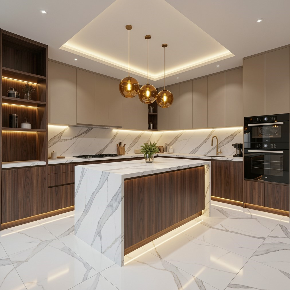 Remodelación de cocinas residenciales modernas con sobres de granito, cuarzo y piedra sinterizada en La Chorrera por Métrico Panamá.